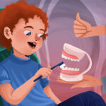 Cartoon of a boy brushing a model of teeth during COVID