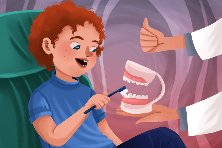 Cartoon of a boy brushing a model of teeth during COVID