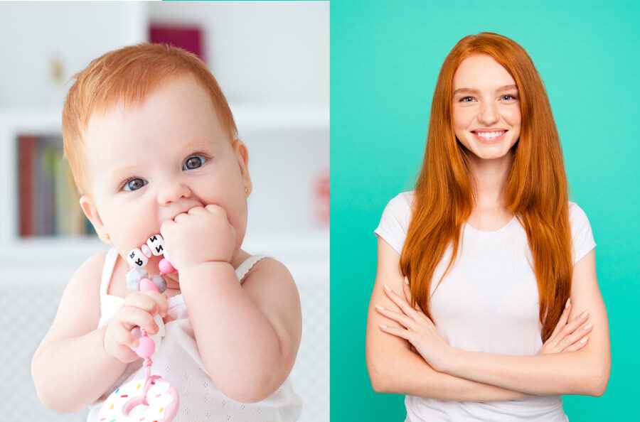 A redhead baby next to an older redhead teen to show the age range for a pediatric dentist